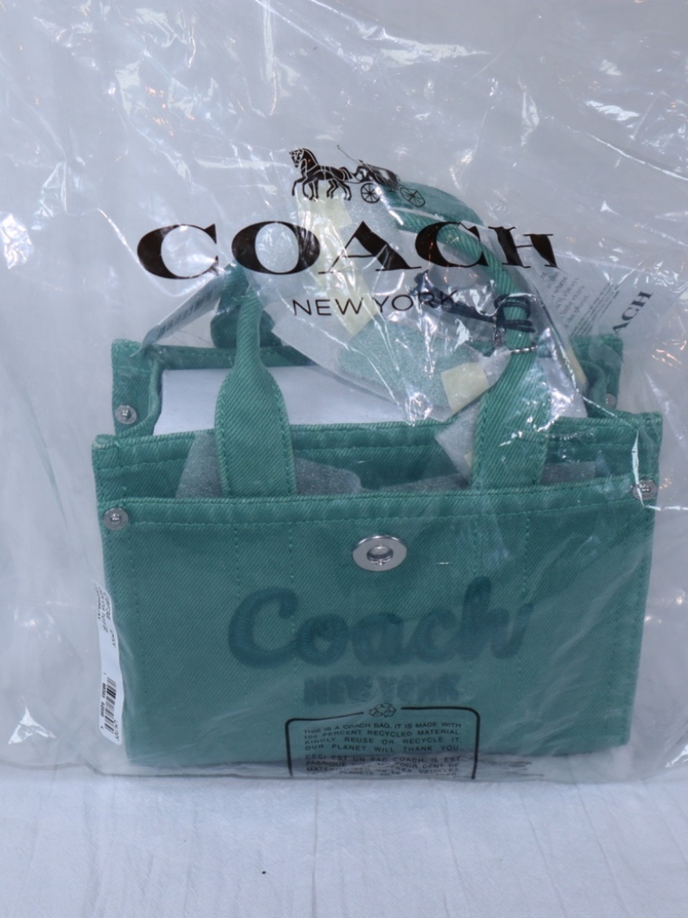 COACH Denim Cargo Tote 26 Mini Mint/Teal Handbag Crossbody NWT - Picture 7 of 7